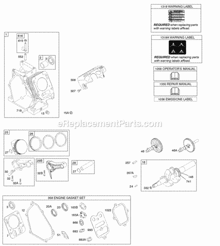 Camshaft Crankshaft Cylinder Piston Group Diagram and Parts List for  Briggs and Stratton Engine